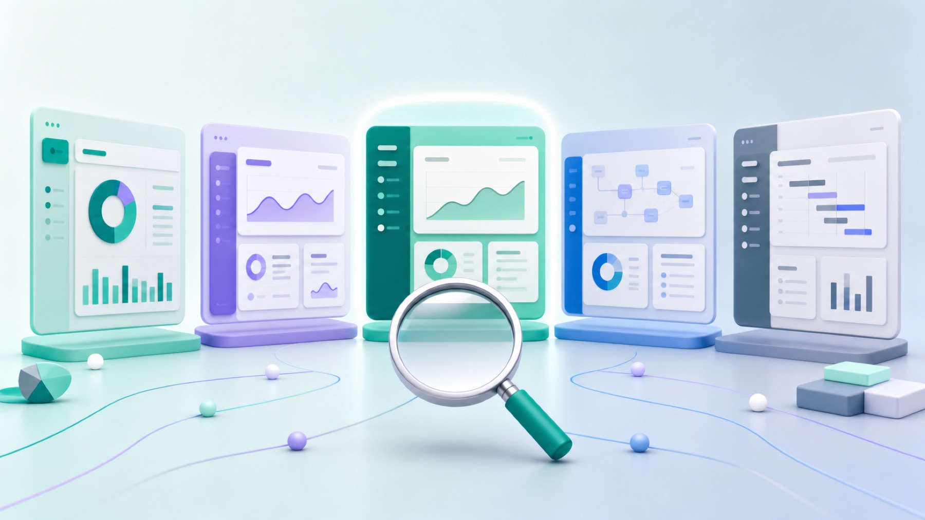 Cinco painéis de software financeiro abstratos comparados em perspectiva, com o primeiro em verde Cifron