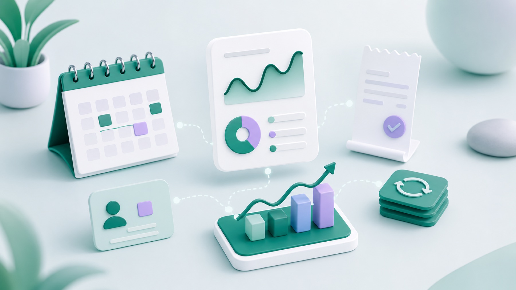 Agenda, cartão de cliente, recibo e gráficos conectados em ilustração verde e lavanda para empresas de serviços