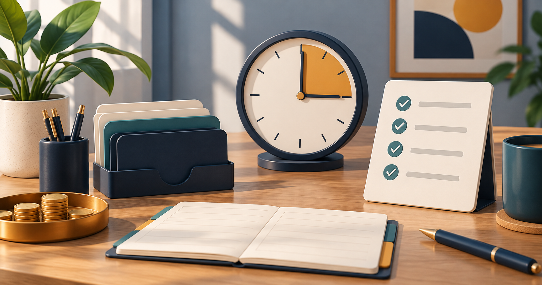 Mesa de trabalho com agenda, relógio e painel financeiro abstrato representando uma rotina diária de controle.