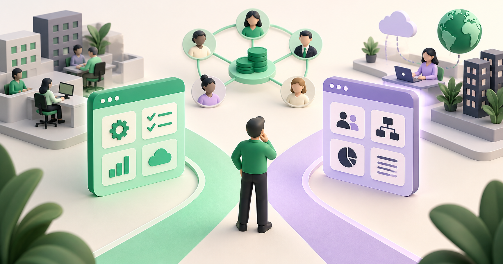 Rede abstrata de empresa, contabilidade e software financeiro em duas rotas de decisão
