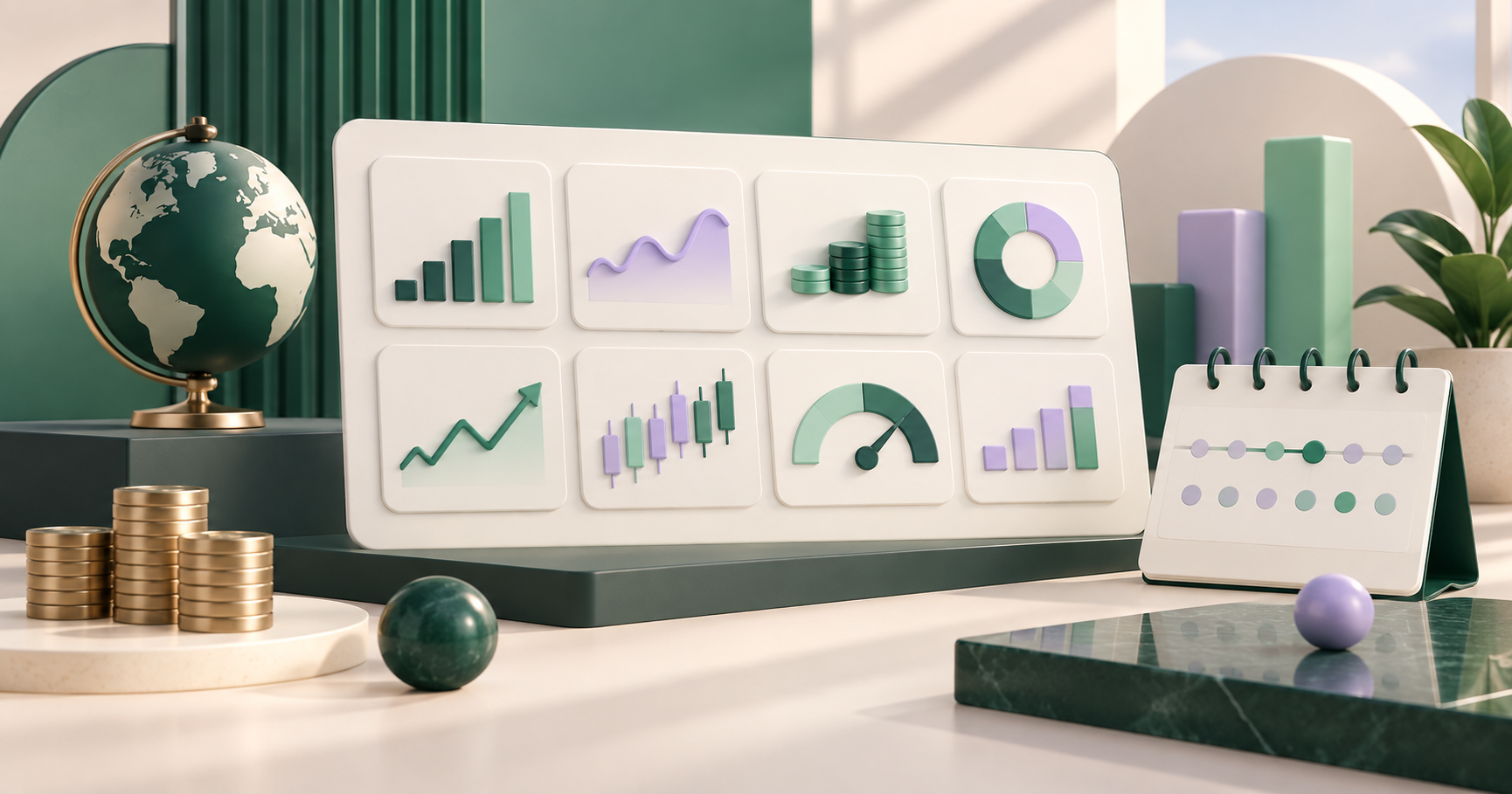 Painel abstrato com oito indicadores financeiros organizados em um ritmo semanal
