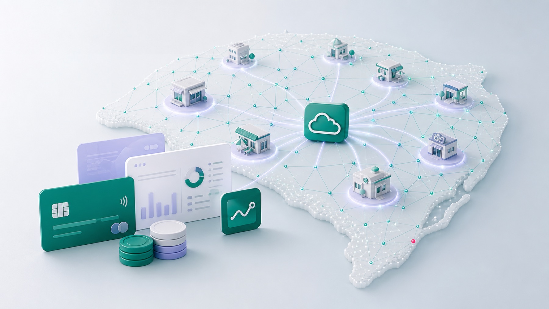 Mapa abstrato do Rio Grande do Sul conectado a pequenas empresas e painéis financeiros digitais