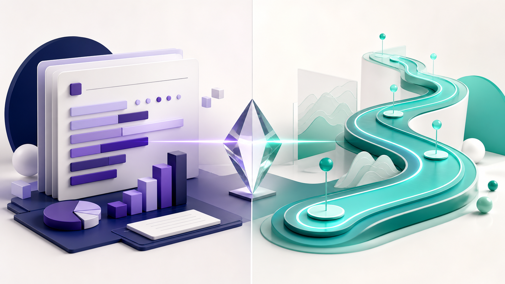 Composição dividida entre um relatório de desempenho e um caminho de liquidez conectados por um prisma central.