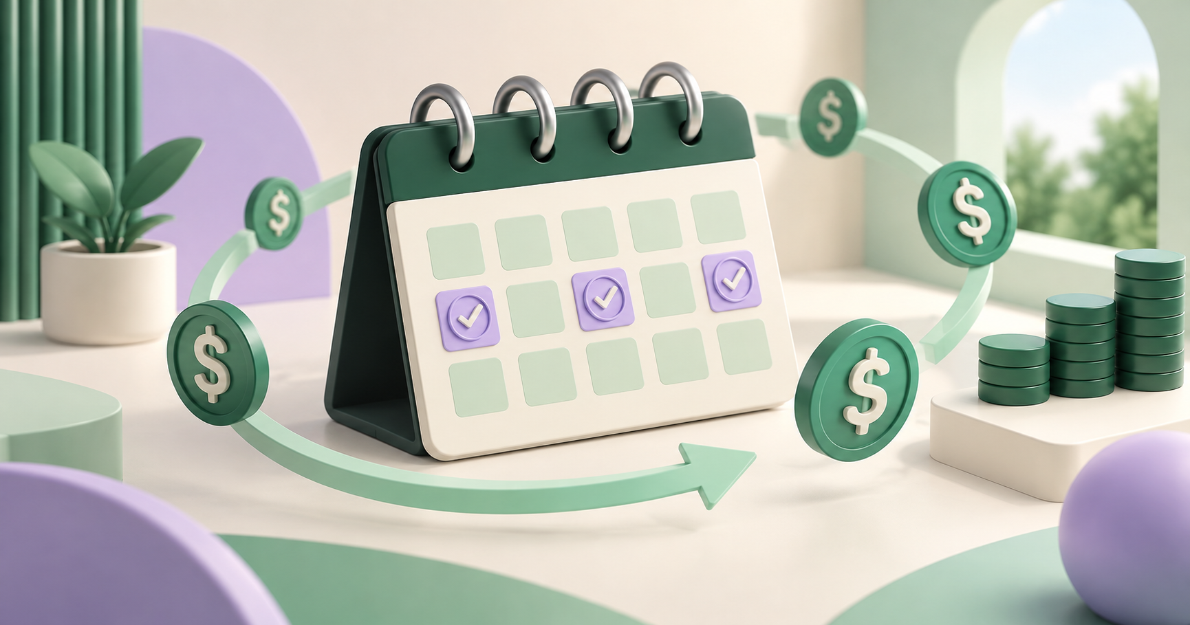 Calendário abstrato com mensalidades recorrentes entrando em uma linha de caixa