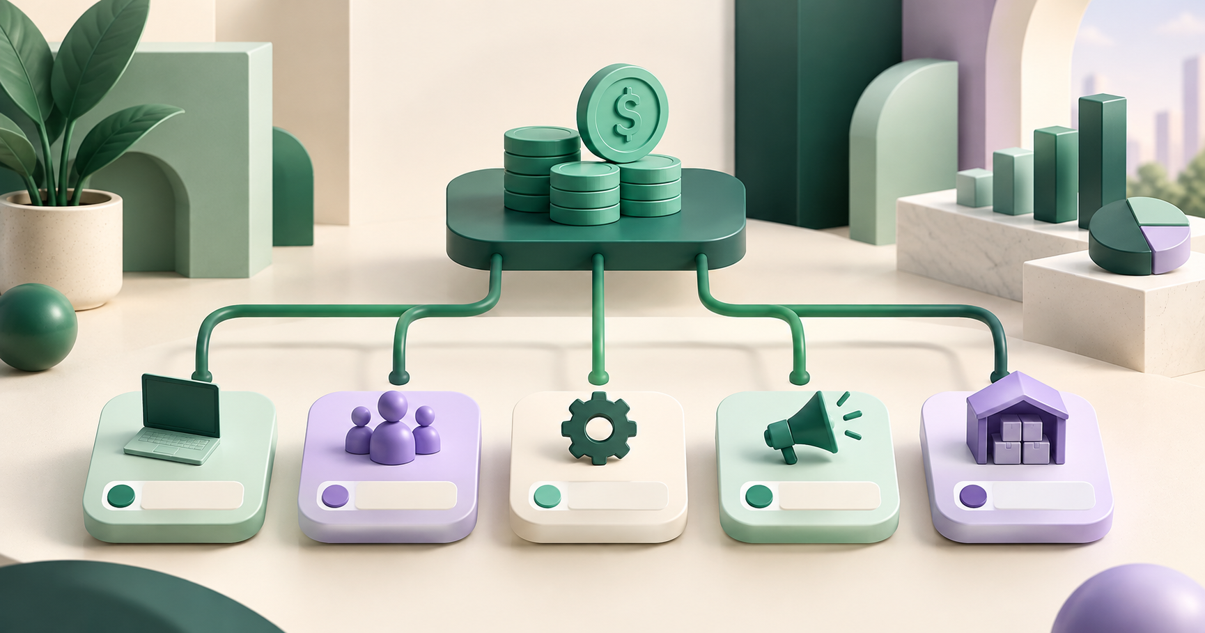 Estrutura abstrata de centros de custo conectando equipes, projetos e resultados financeiros